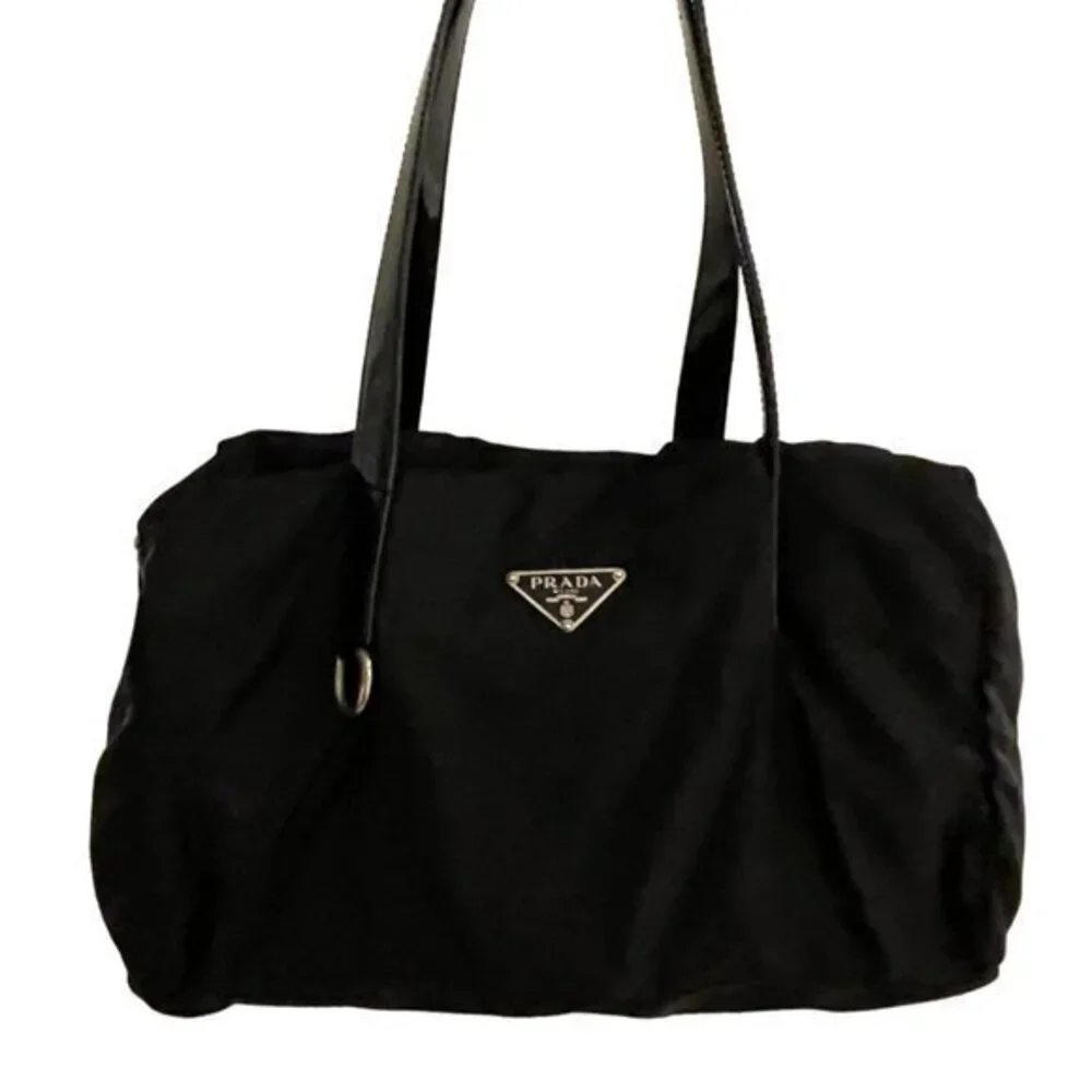 Vintage Prada Zip Satchel Tessuto in Black with Patent Leather Handles